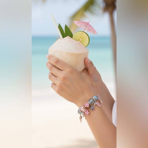 Linx Rose Gold Snake Chain Bracelet with Beach and Summer Themed Charms
